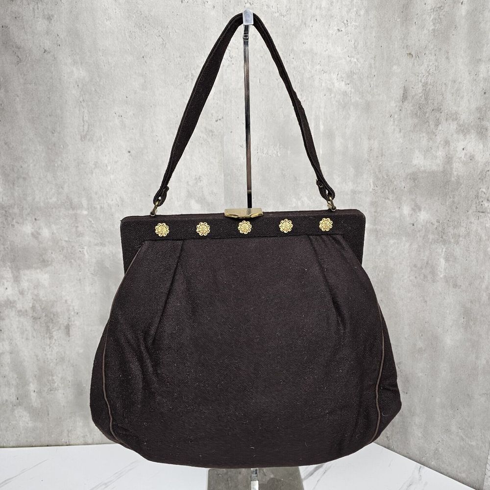 Vintage 50s 60s Bobbie Jerome Brown Wool Handbag Purse Goldtone Scroll Detail‎